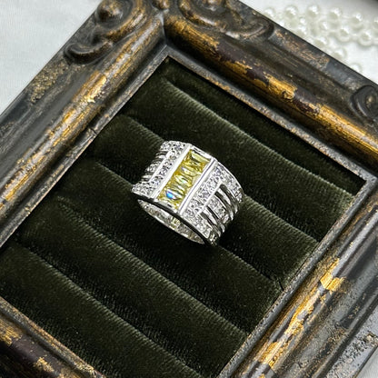 Three Row Yellow and Clear Stone Vintage Deadstock Band Ring Rhodium Plated
