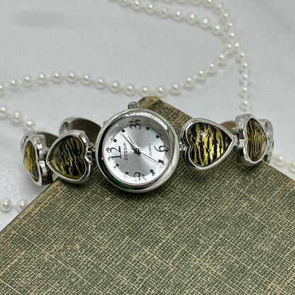 Silver Round Dial Watch with Tiger Heart Bracelet Band