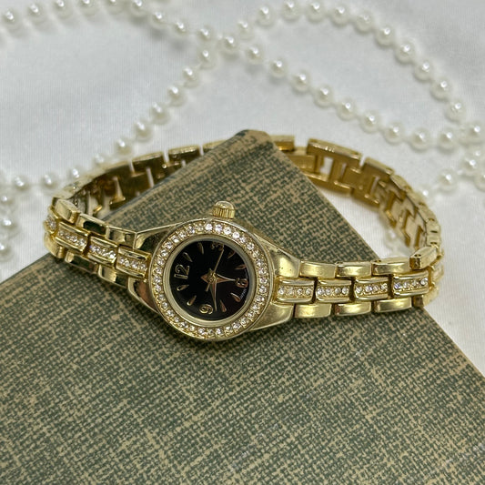 Dainty Diamanté Gold Watch with Round Black Dial