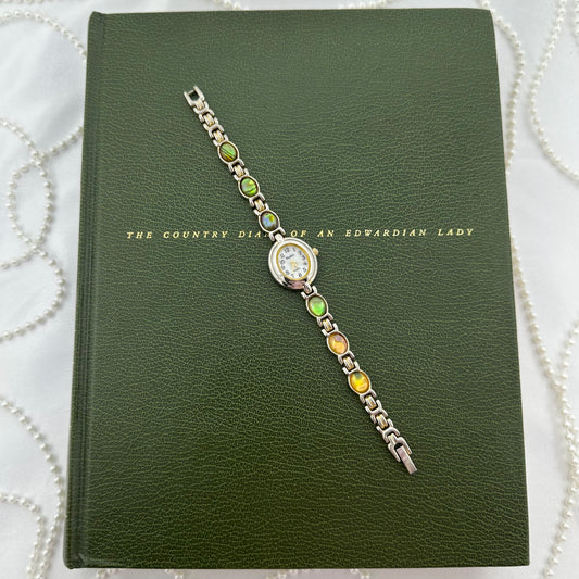 Dainty Silver Abalone Watch with Oval Mother of Pearl Dial
