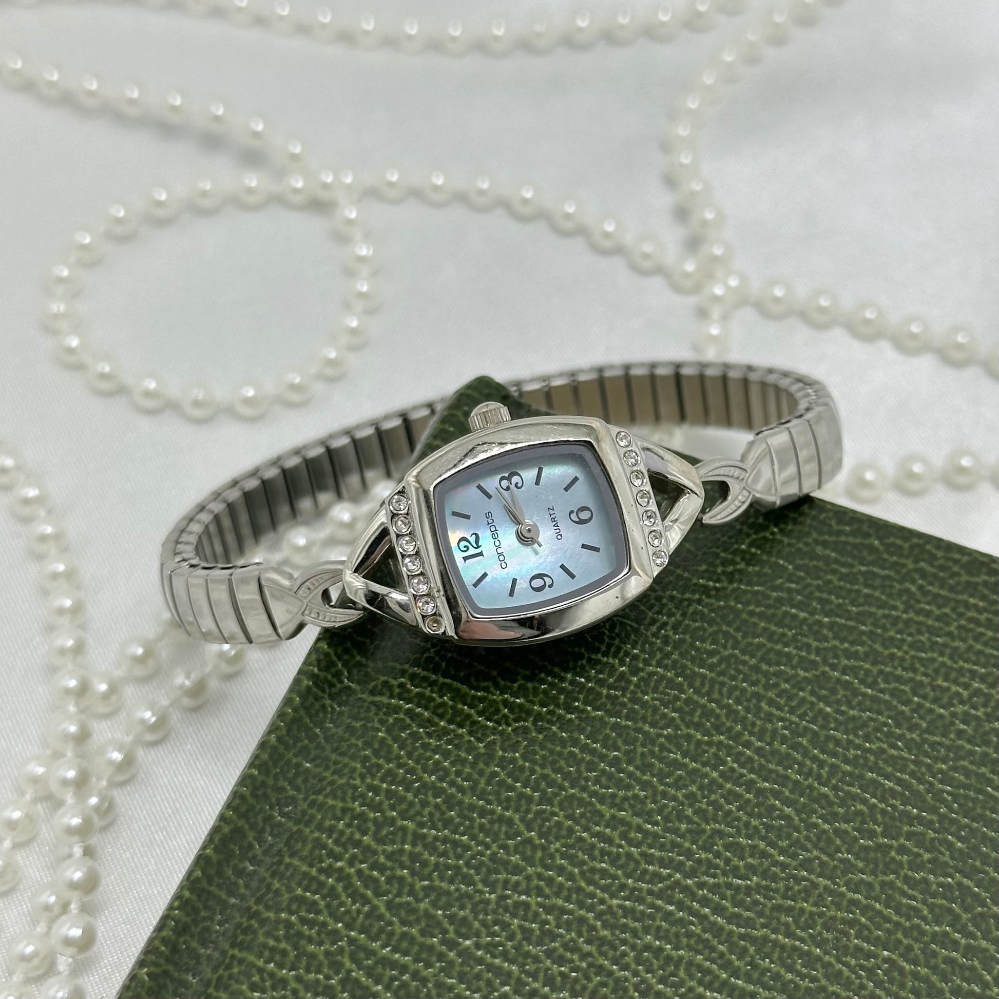 Dainty Silver Watch with Diamanté Mother of Pearl Dial