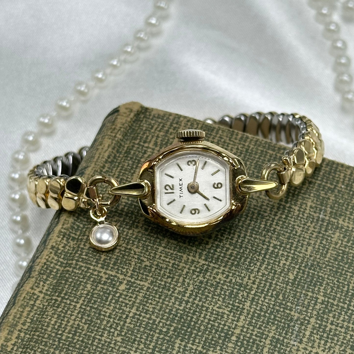 Dainty Vintage Gold Timex Wind-Up Watch with Pearl Charm