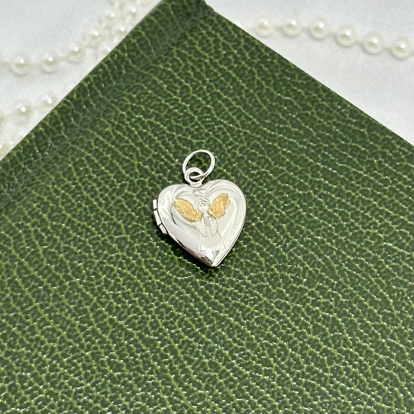 Dainty Vintage Two-Tone Silver Heart Locket with Engraved Little Angel