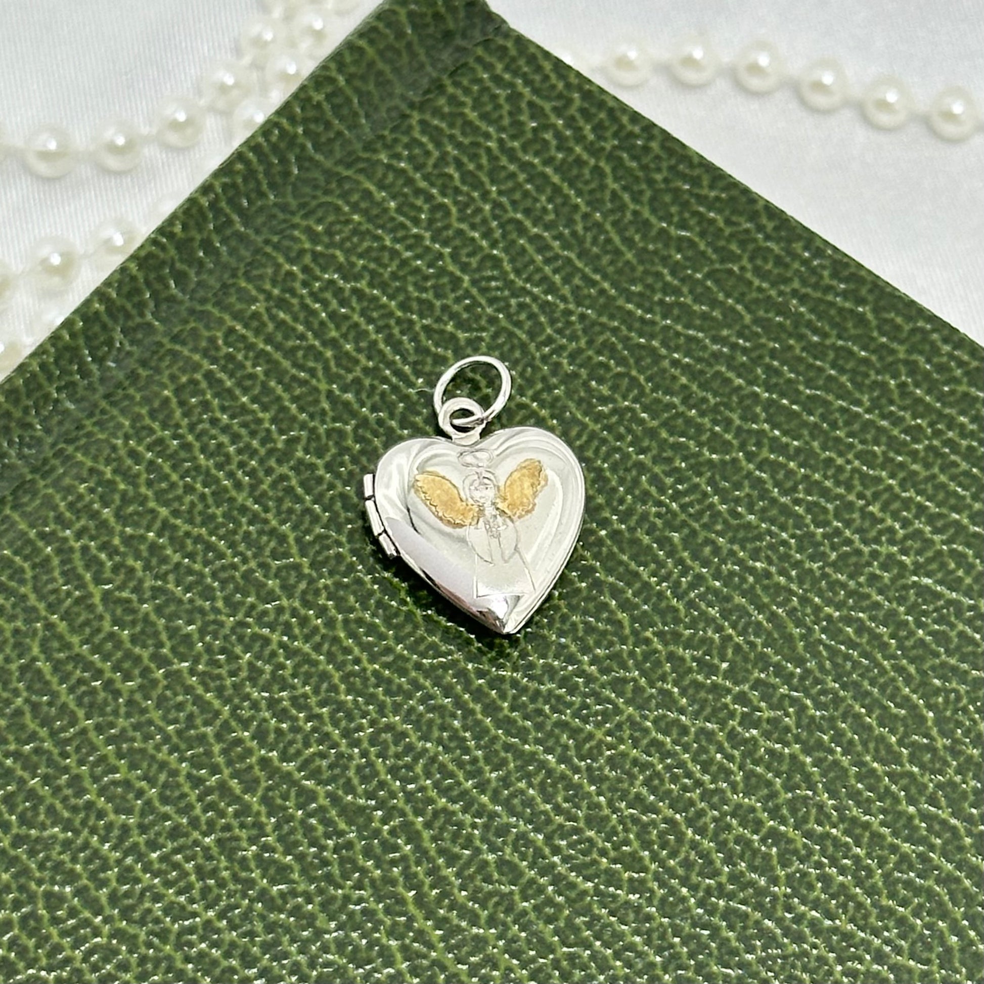 Dainty Vintage Two-Tone Silver Heart Locket with Engraved Little Angel