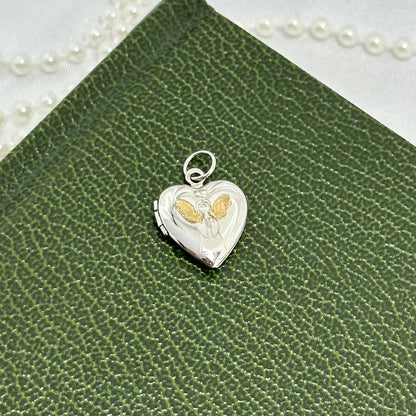 Dainty Vintage Two-Tone Silver Heart Locket with Engraved Little Angel