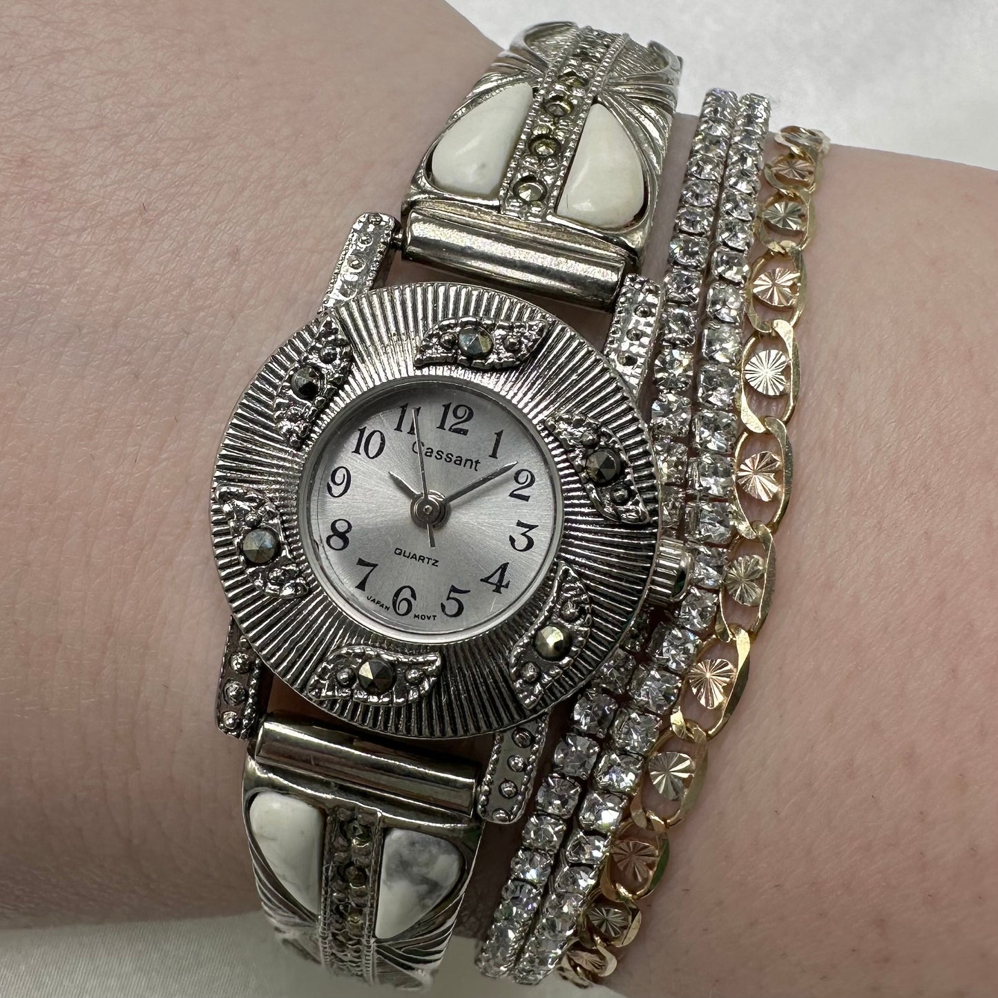 Detailed Silver Marcasite Round Dial Watch