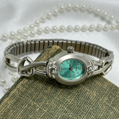 Silver Watch with Heart Band and Teal Dial