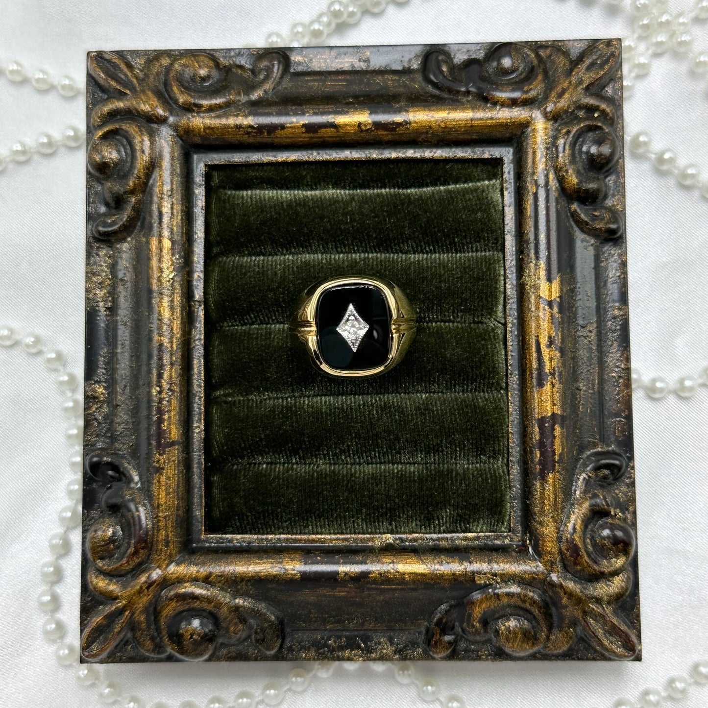 14k gold electroplated vintage art deco style deadstock ring with genuine onyx stone.