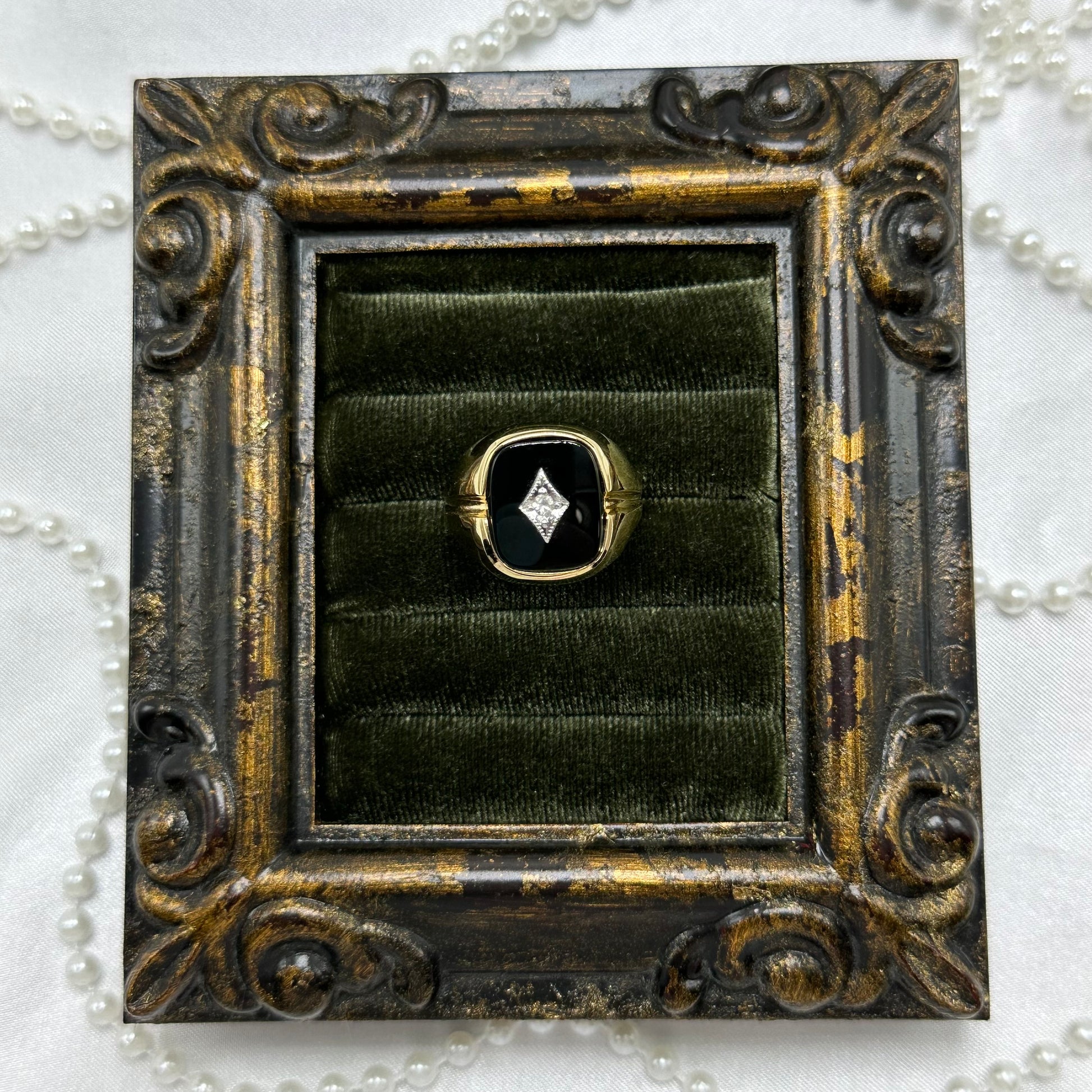 14k gold electroplated vintage art deco style deadstock ring with genuine onyx stone.