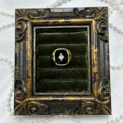 14k gold electroplated vintage art deco style deadstock ring with genuine onyx stone.