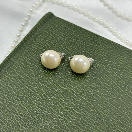 Classic Pearl Silver Button Style Clip On Earrings