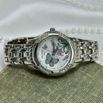 Silver Diamanté Armitron Watch with Purple Butterflies and Flower Dial