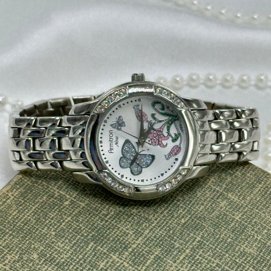 Silver Diamanté Armitron Watch with Purple Butterflies and Flower Dial