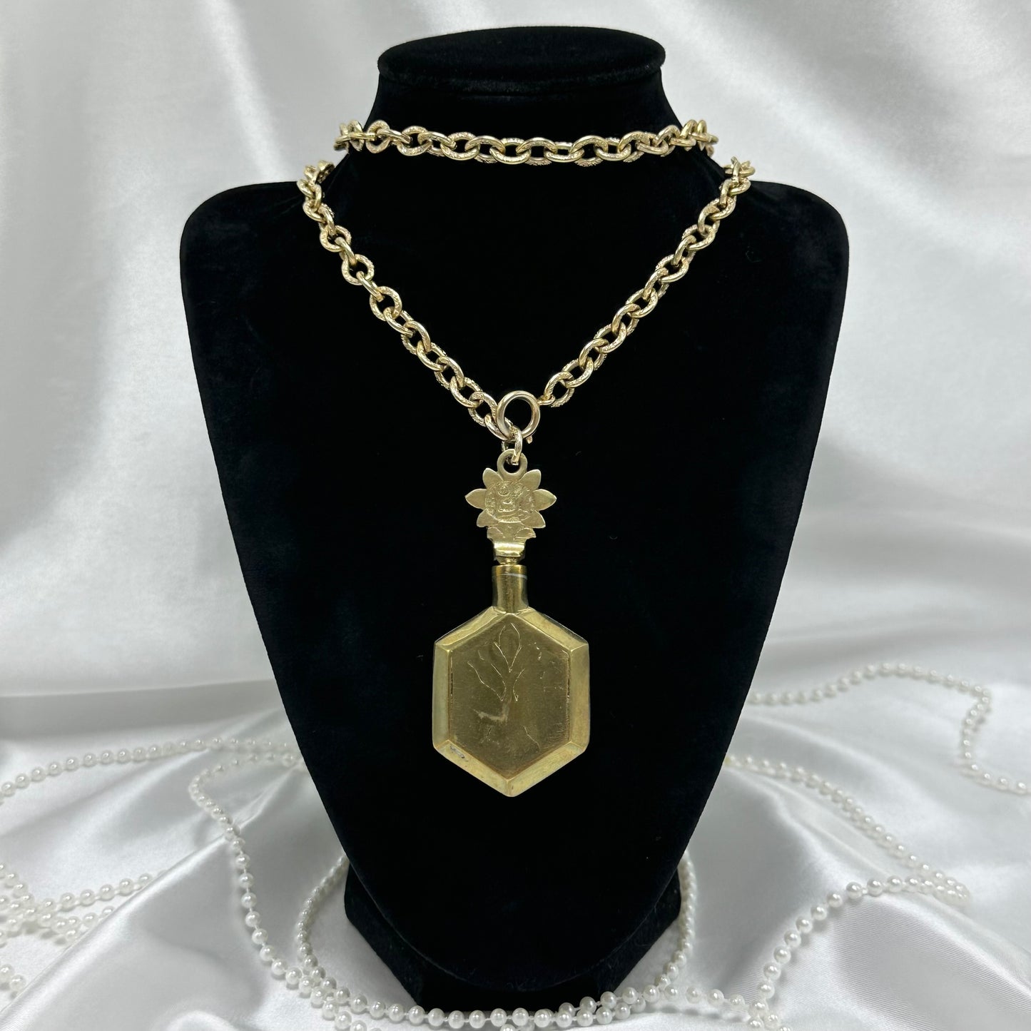 Vintage Brass Perfume Bottle Pendant On Chain Necklace