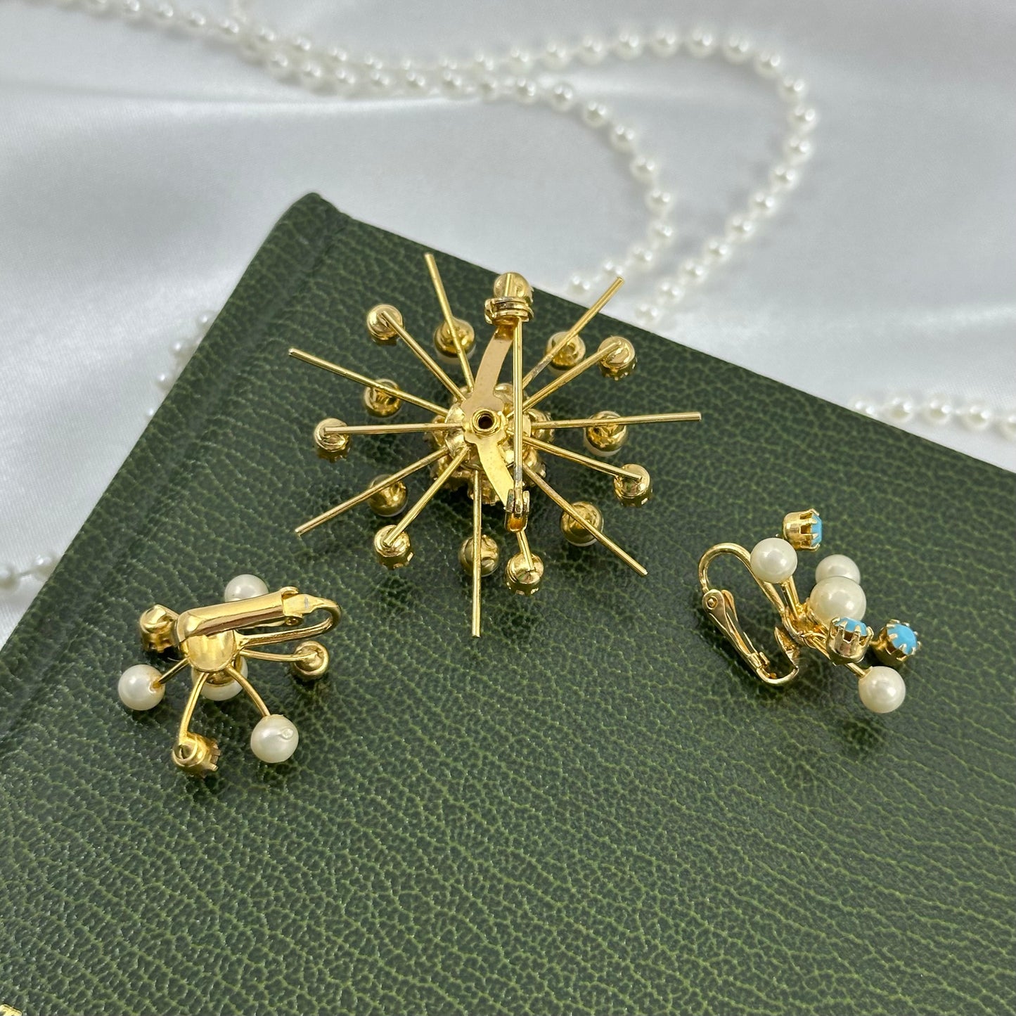 Vintage Gold and Light Blue Starburst Brooch and Earrings
