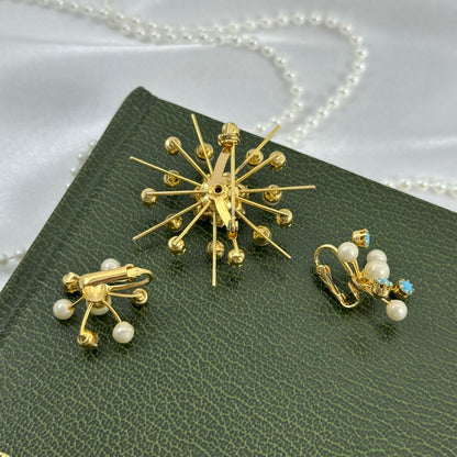 Vintage Gold and Light Blue Starburst Brooch and Earrings