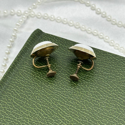 Gold and White Button Style Screw Back Earrings