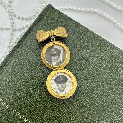 Vintage Gold Heart and Bow Round Locket Pin