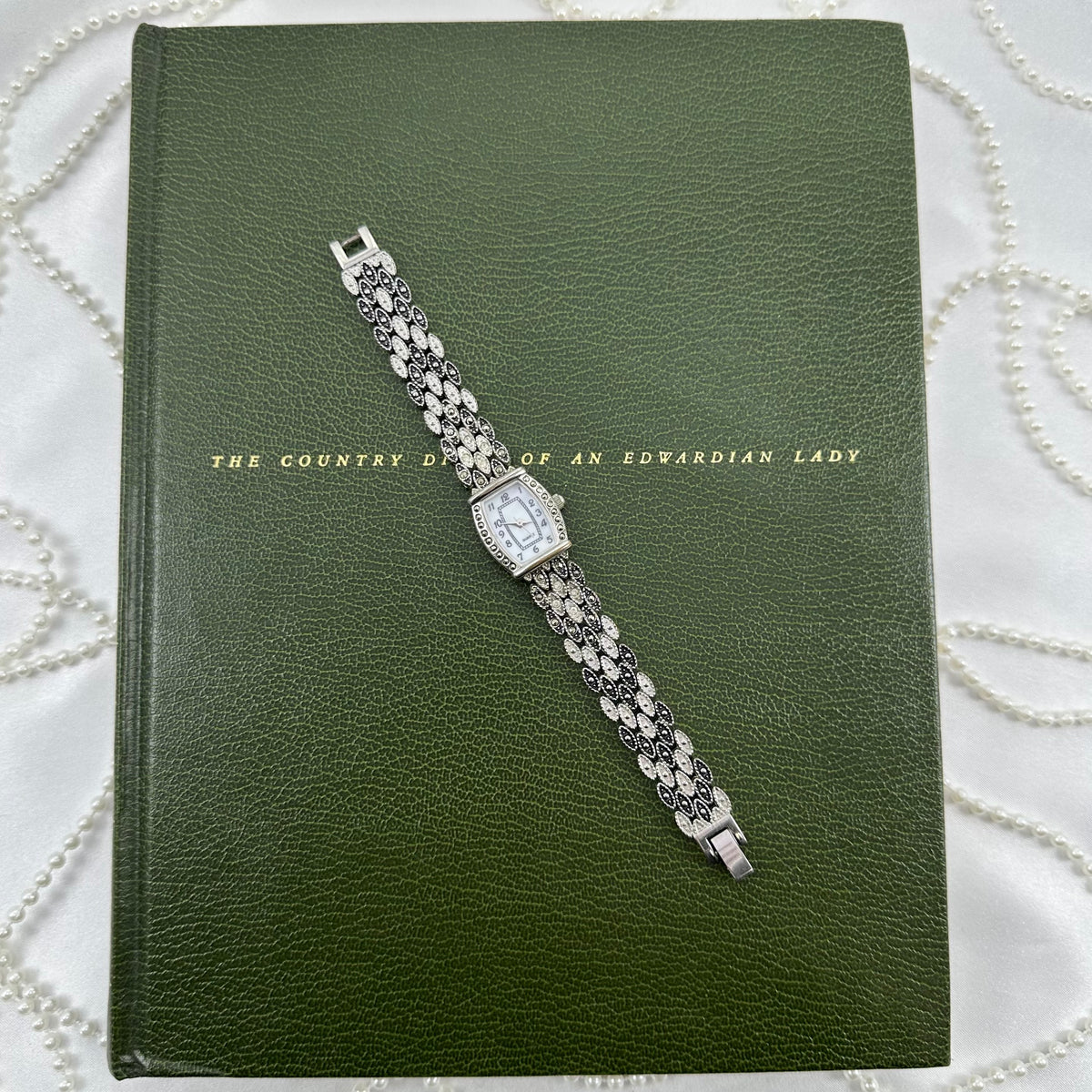 Silver and Black Marcasite Watch with Mother of Pearl Dial
