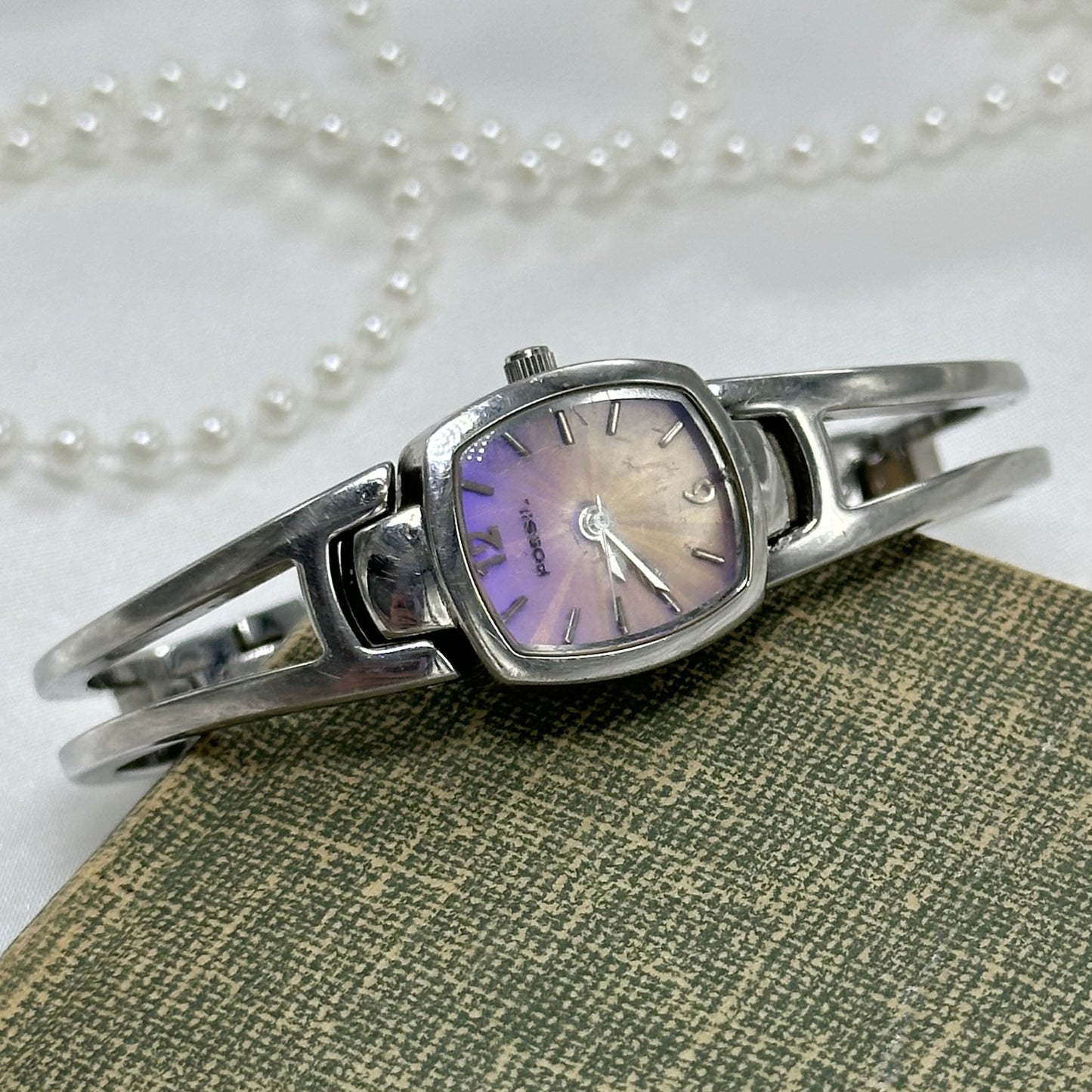 Silver Fossil Cuff Watch with Iridescent Dial