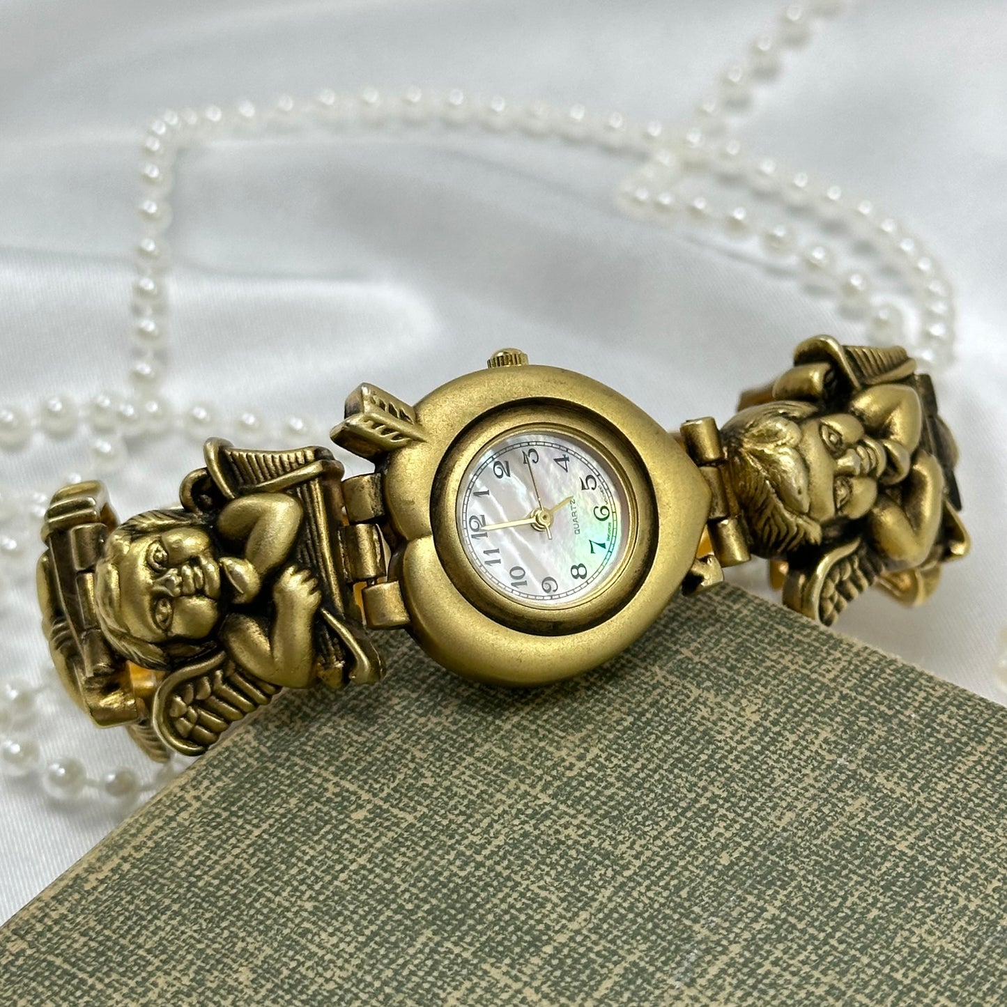 Rare Gold Slide Charm Cherub Watch with Mother of Pearl Heart Dial