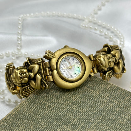 Rare Gold Slide Charm Cherub Watch with Mother of Pearl Heart Dial