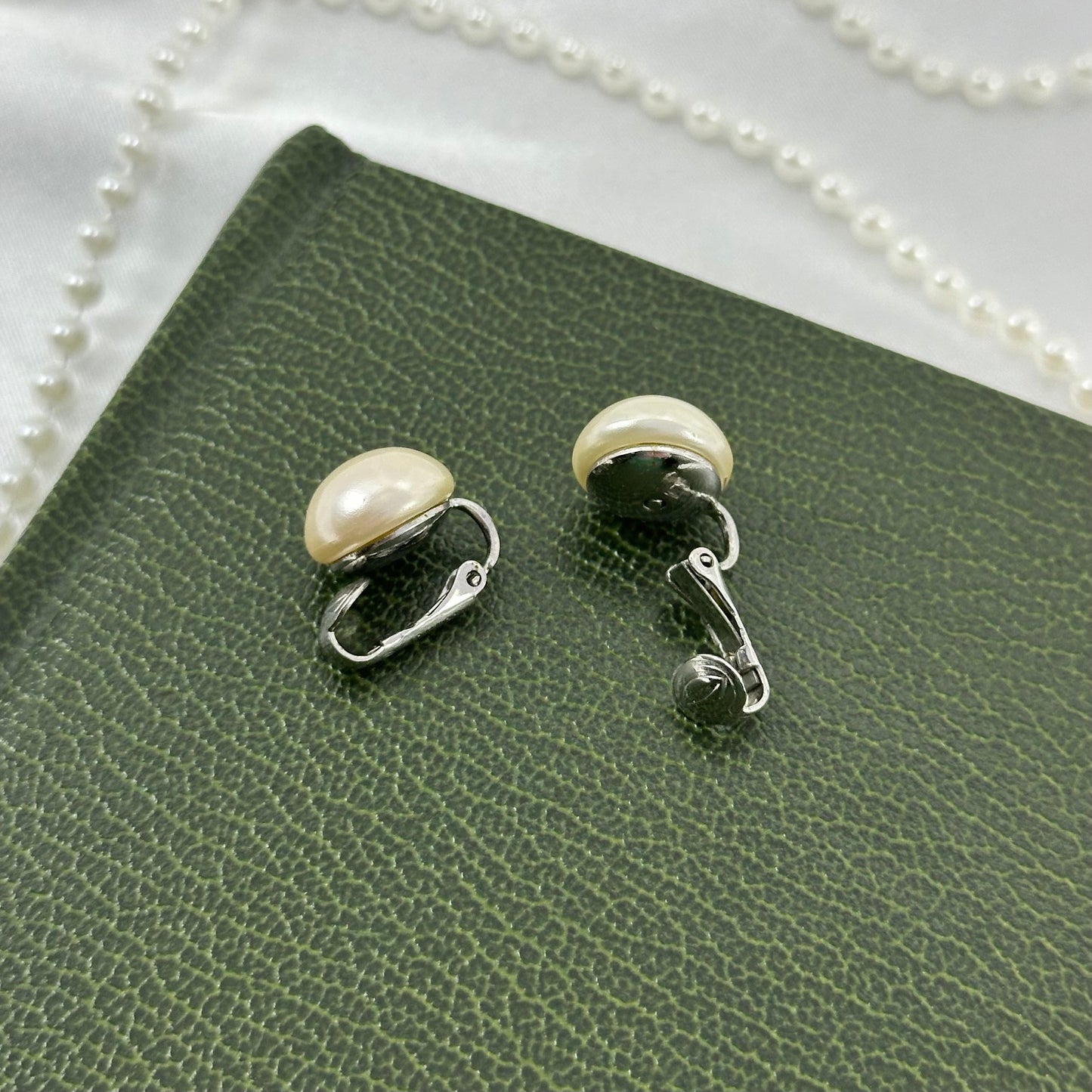Classic Pearl Silver Button Style Clip On Earrings