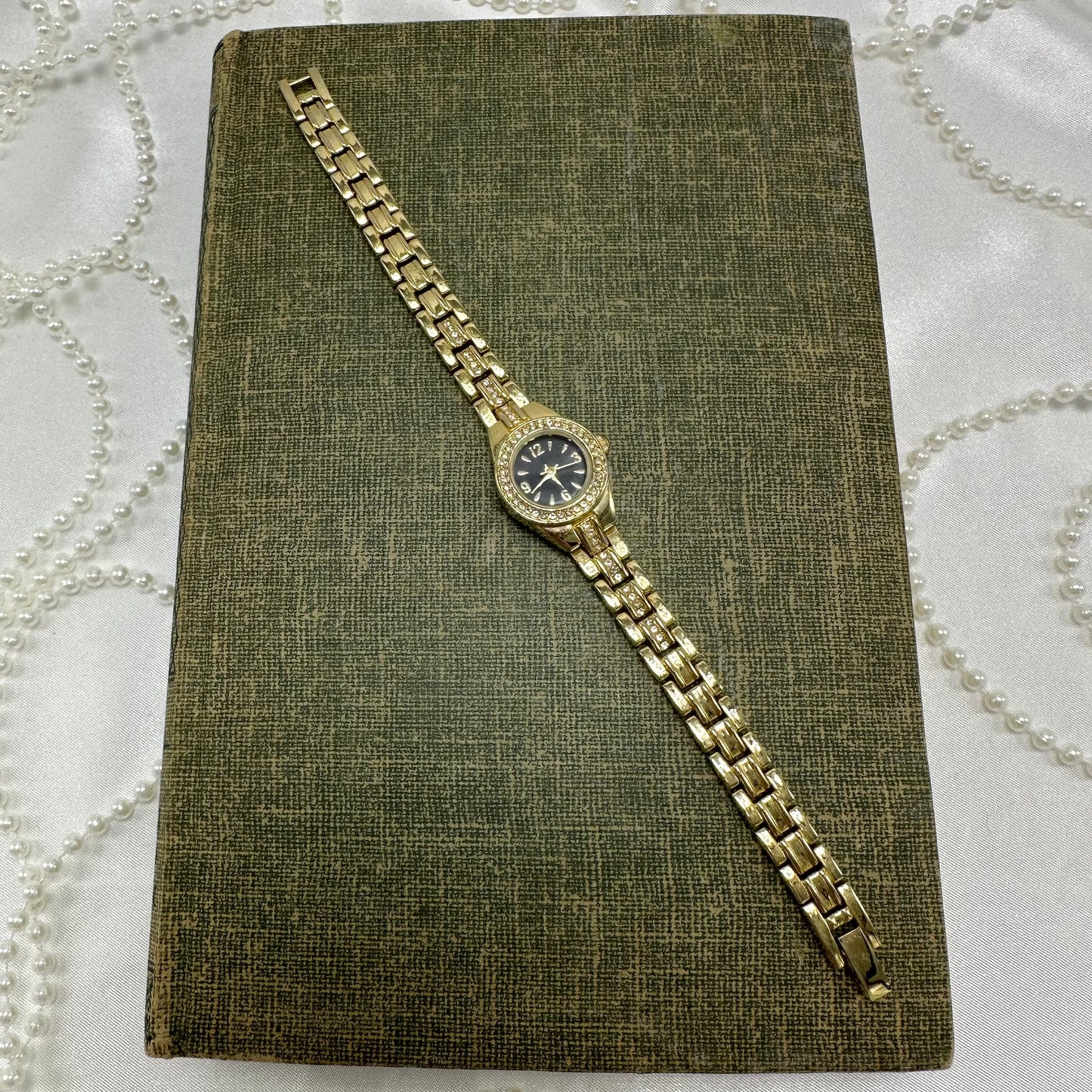 Dainty Diamanté Gold Watch with Round Black Dial