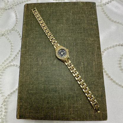 Dainty Diamanté Gold Watch with Round Black Dial
