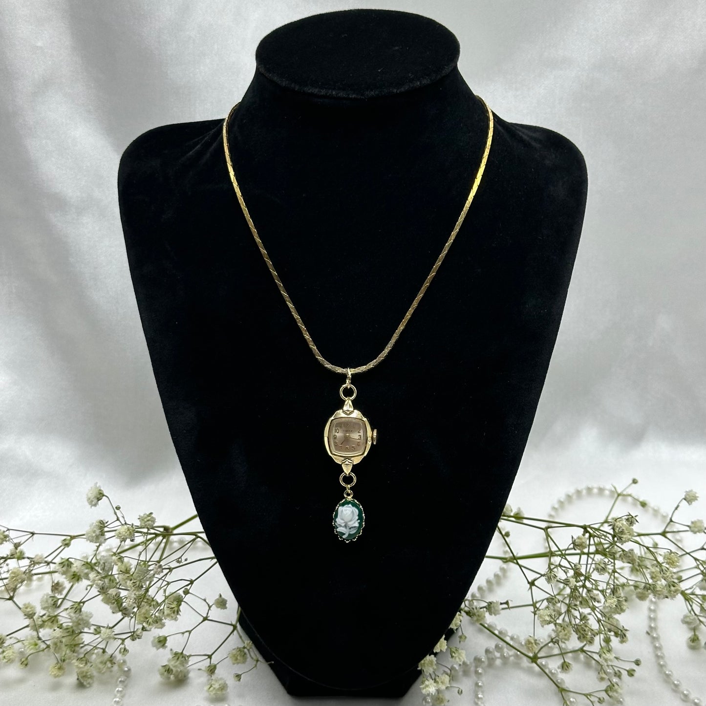 Vintage Watch and Green Cameo Necklace with Matching Bracelet
