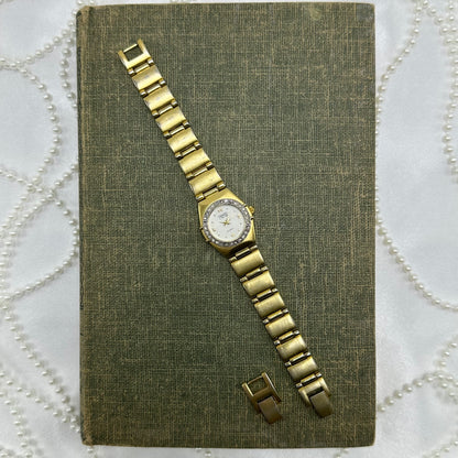 Gold Waltham Watch with Diamanté Round Dial