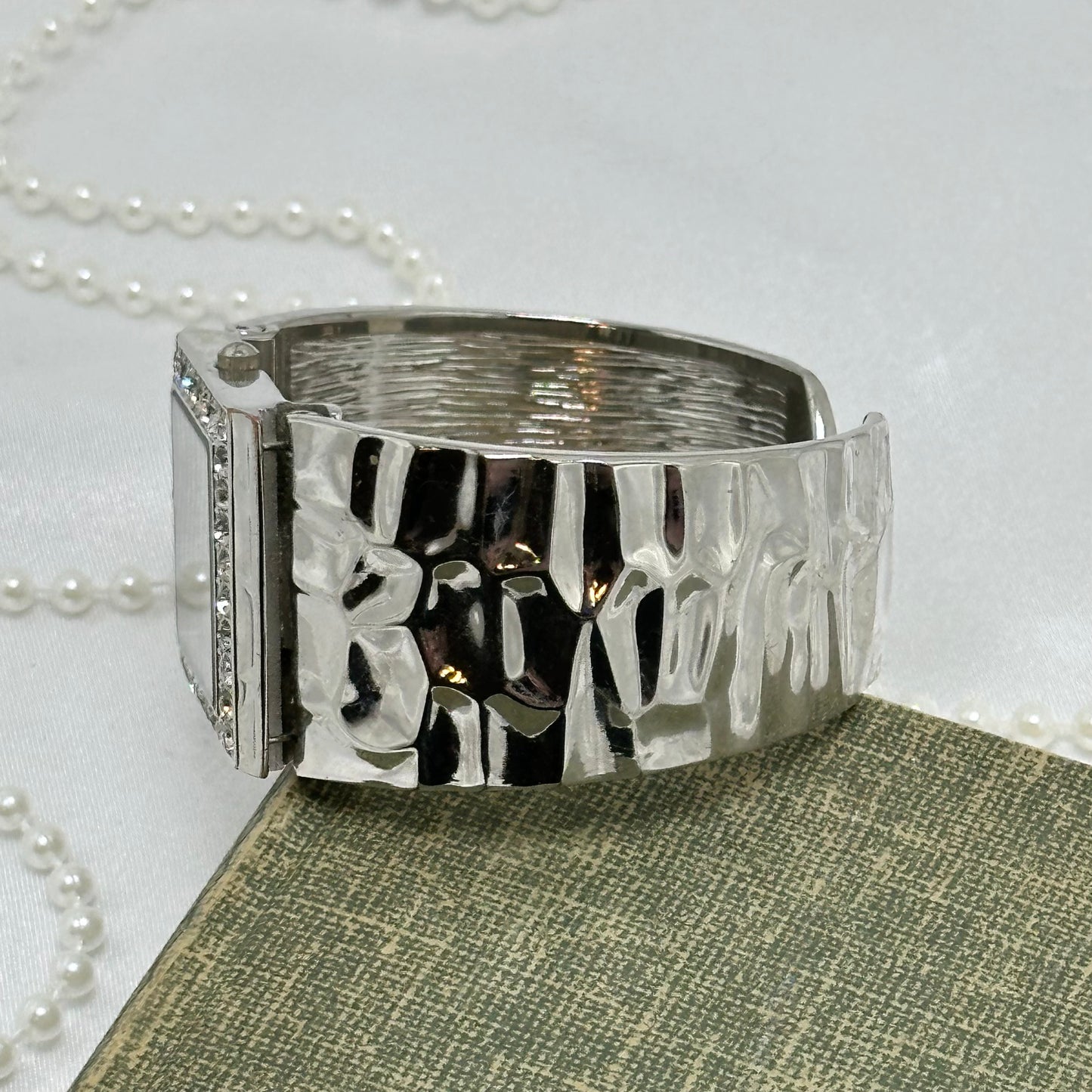 Silver Cuff Watch with Square Diamanté Dial