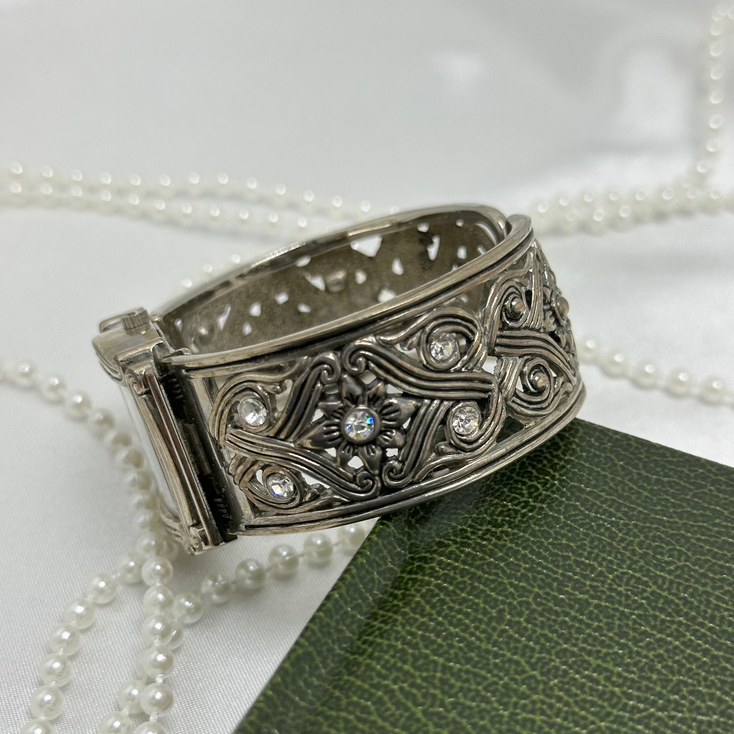 Silver Cuff Watch with Square Dial and Crossed Band
