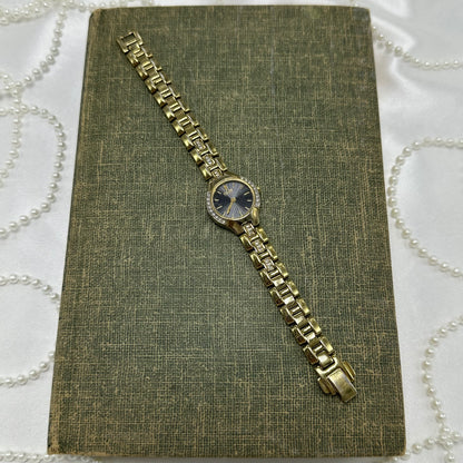 Gold Vintage Diamanté Citizen Black Dial Watch