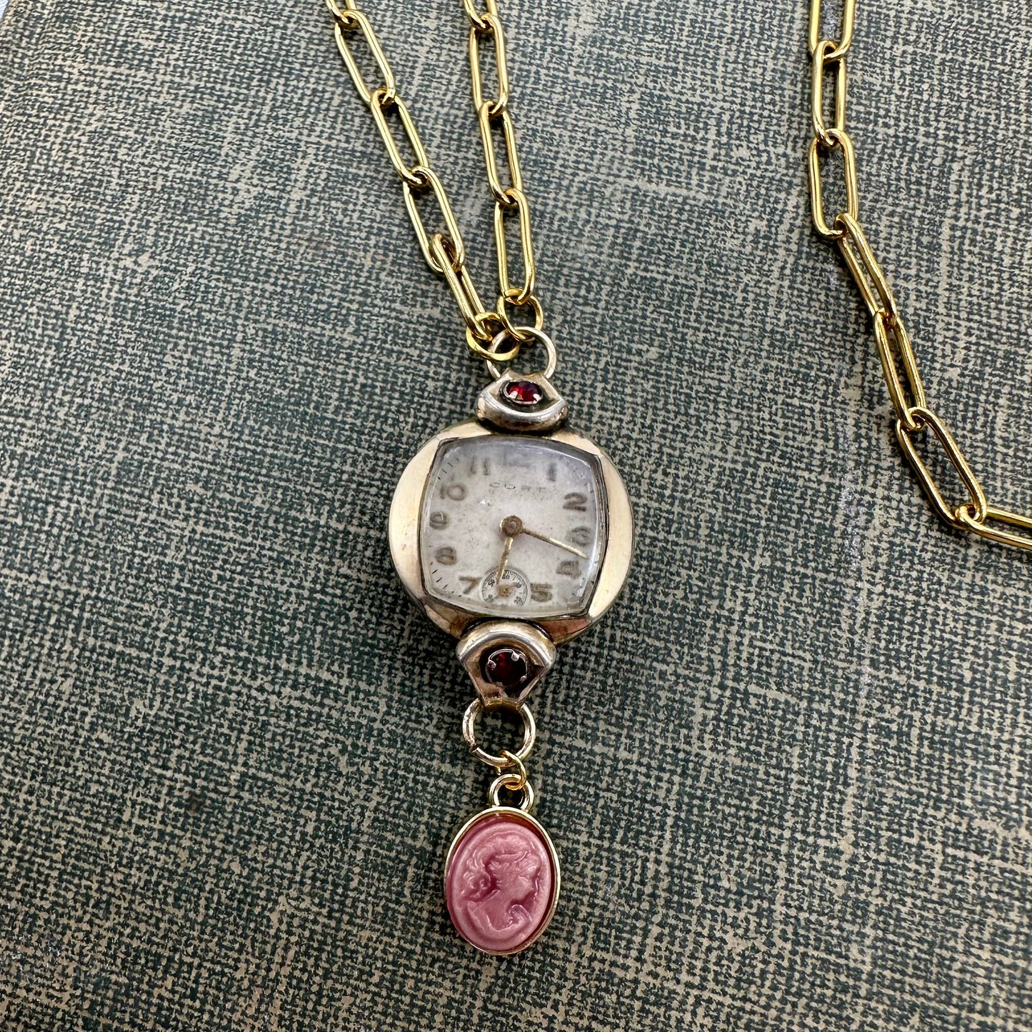 Vintage Ruby Accented Watch Necklace with Cameo Charm