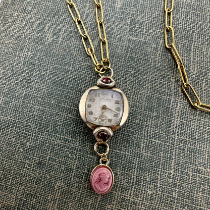Vintage Ruby Accented Watch Necklace with Cameo Charm