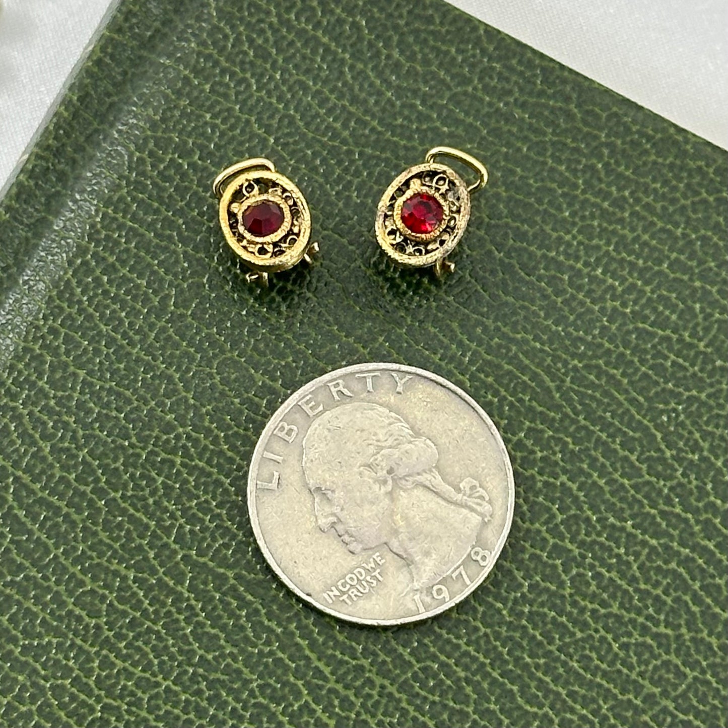 Adorable Dainty Vintage Clip On Oval Earrings with Red Stones