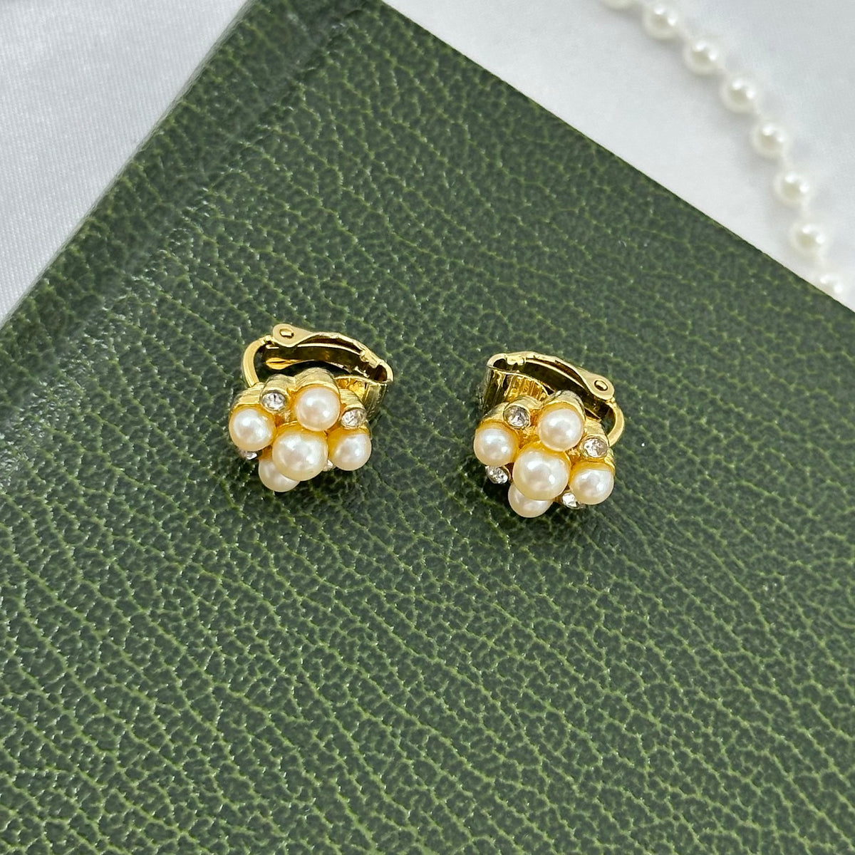 Gold Pearl and Crystal Clip On Earrings