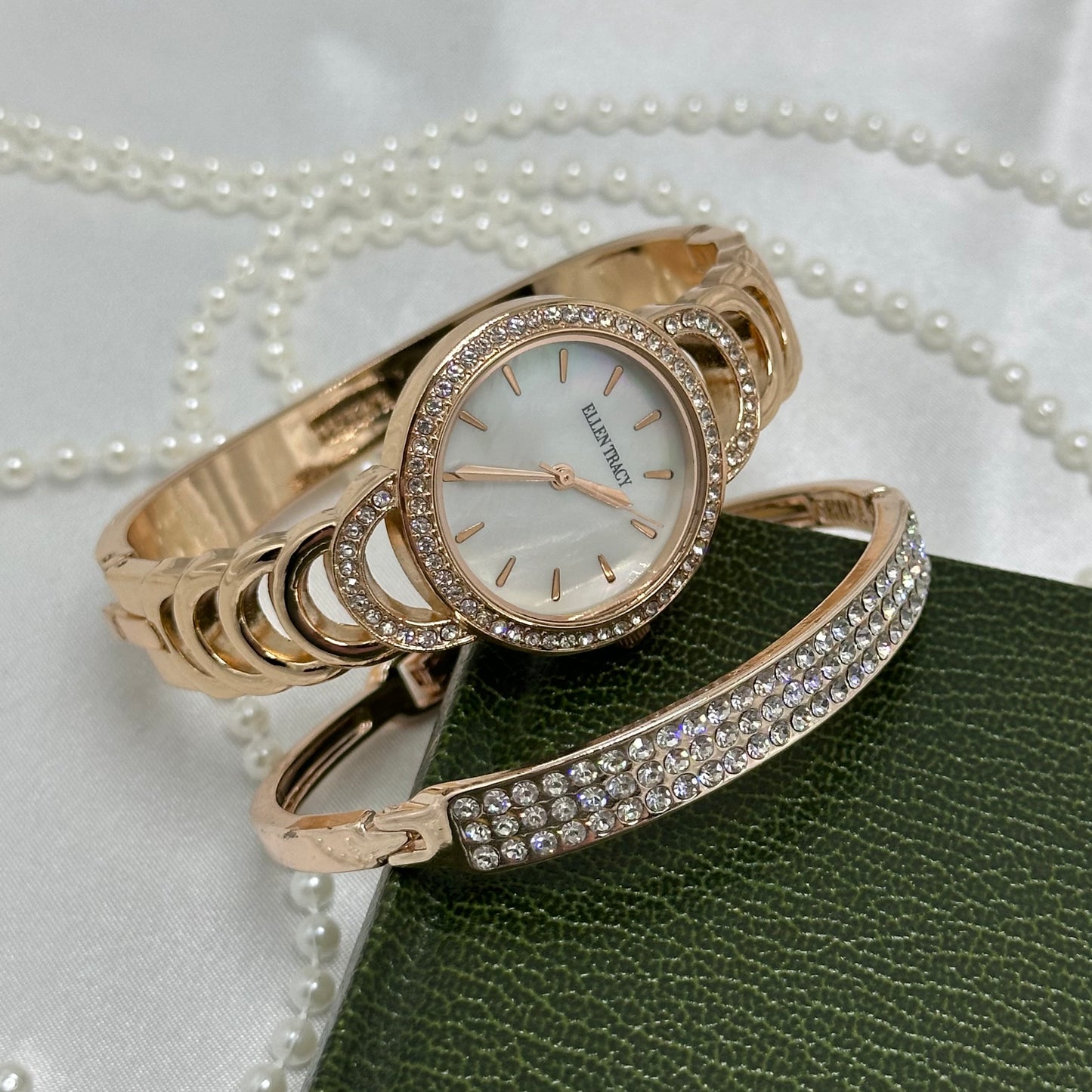 Rose Gold Ellen Tracy Watch & Bracelet Cuff Set