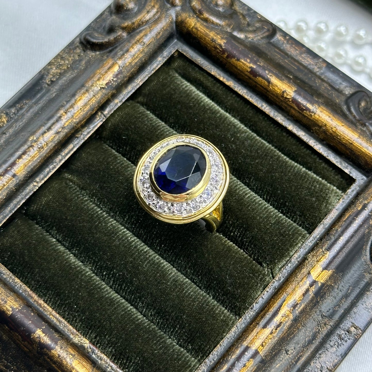 Large Round Dark Blue Cubic Zirconia Stone Vintage Deadstock Ring 14k Gold Electroplated
