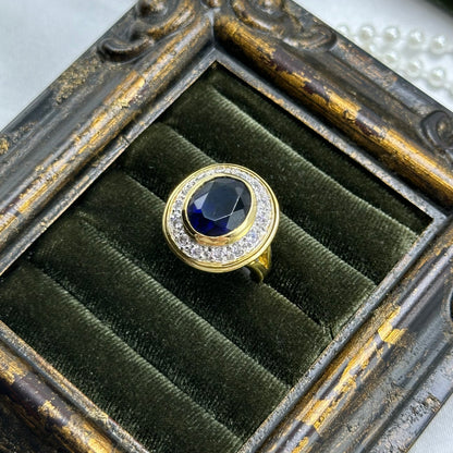 Large Round Dark Blue Cubic Zirconia Stone Vintage Deadstock Ring 14k Gold Electroplated