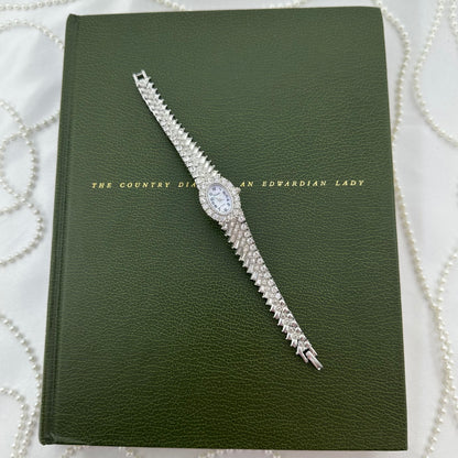 Elegant Crystal Silver Watch with Mother of Pearl Dial