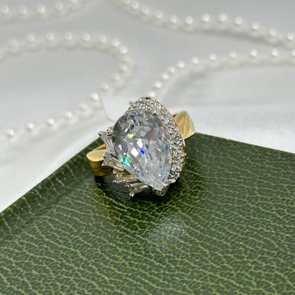 Large Teardrop Cubic Zirconia Stone Vintage Deadstock Ring 14k Gold Electroplated