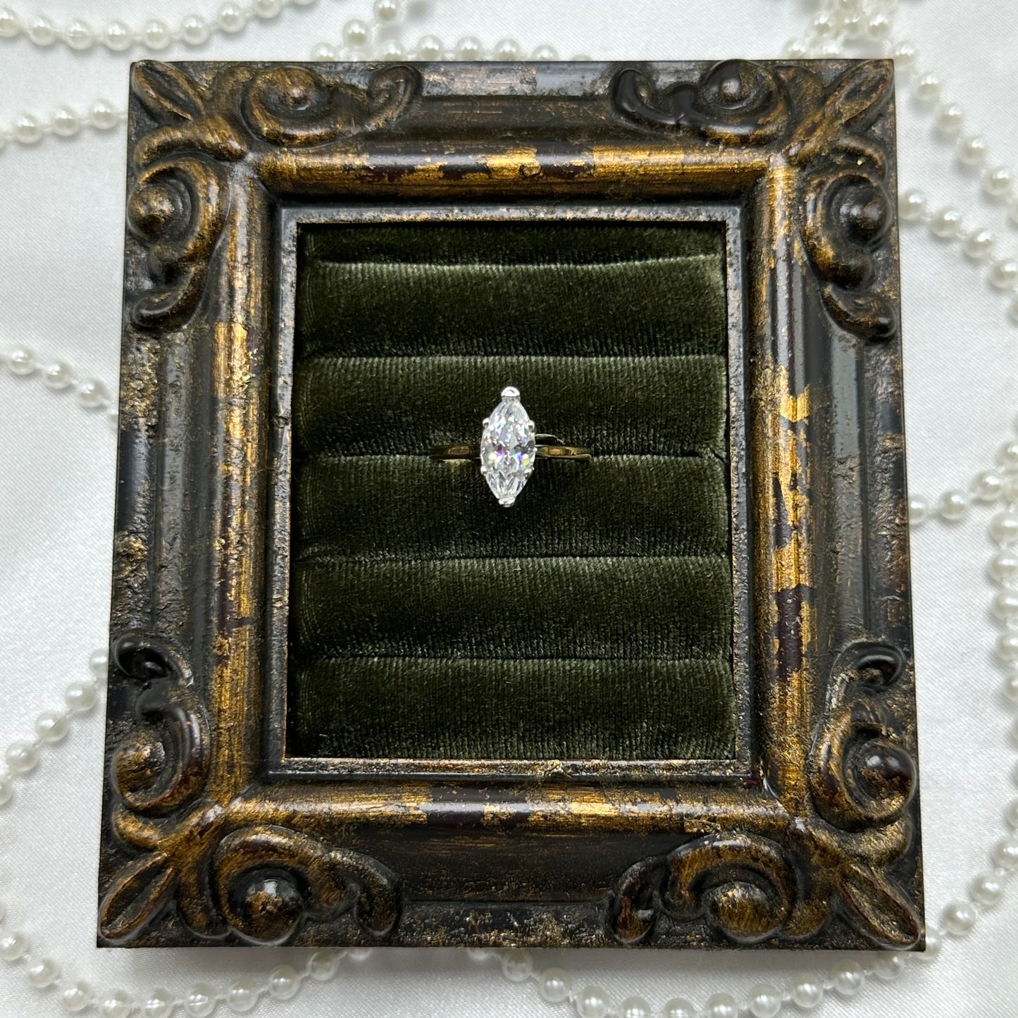 Solitaire Marquise Cubic Zirconia Stone Vintage Deadstock Ring 14k Gold Electroplated