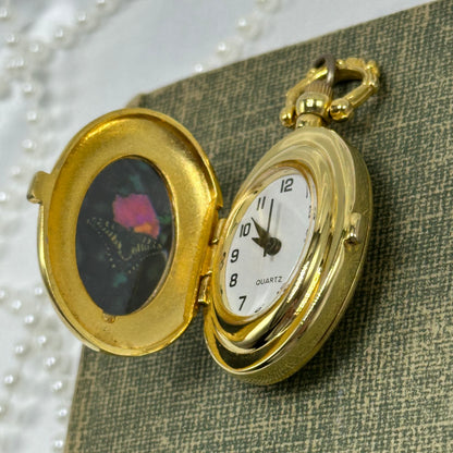 Gold Floral Locket Watch with Butterfly and Flower Picture