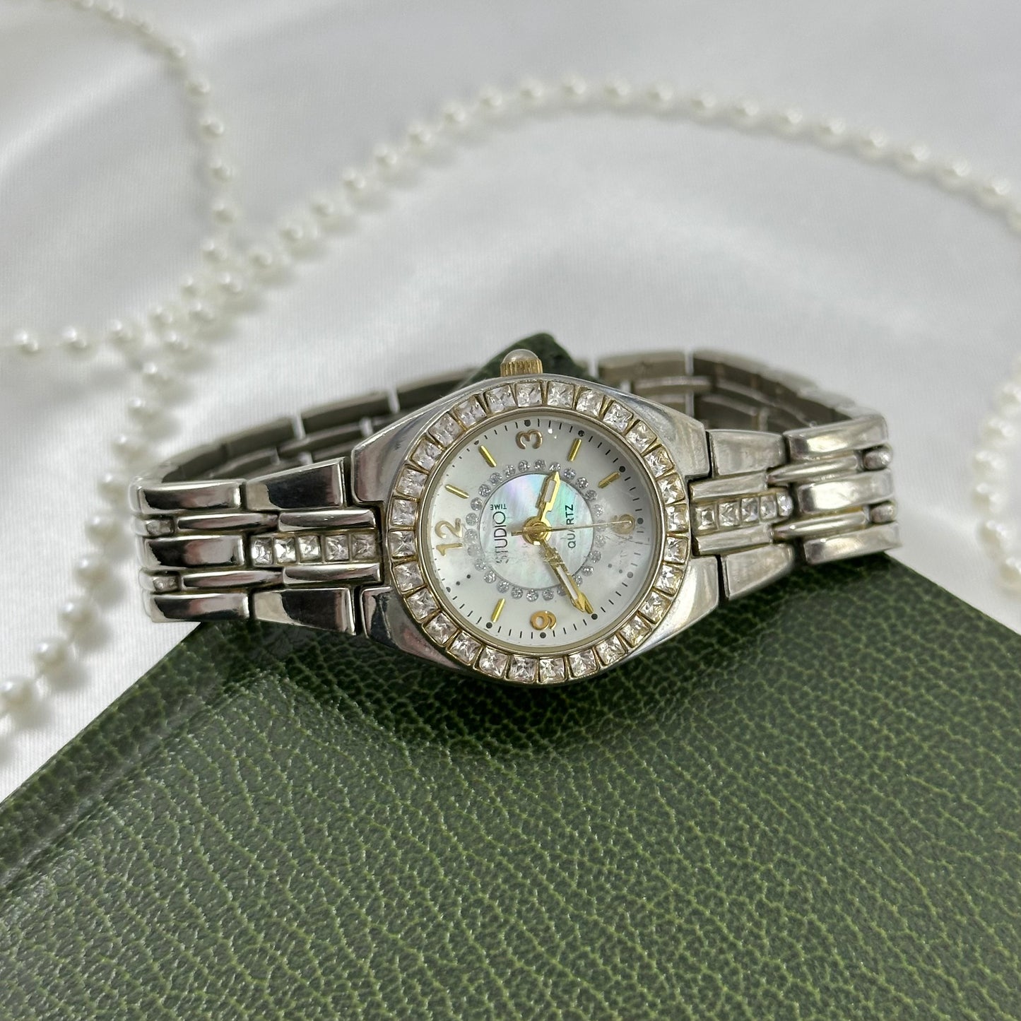 Two-Tone Diamanté Watch with Round Mother of Pearl Dial
