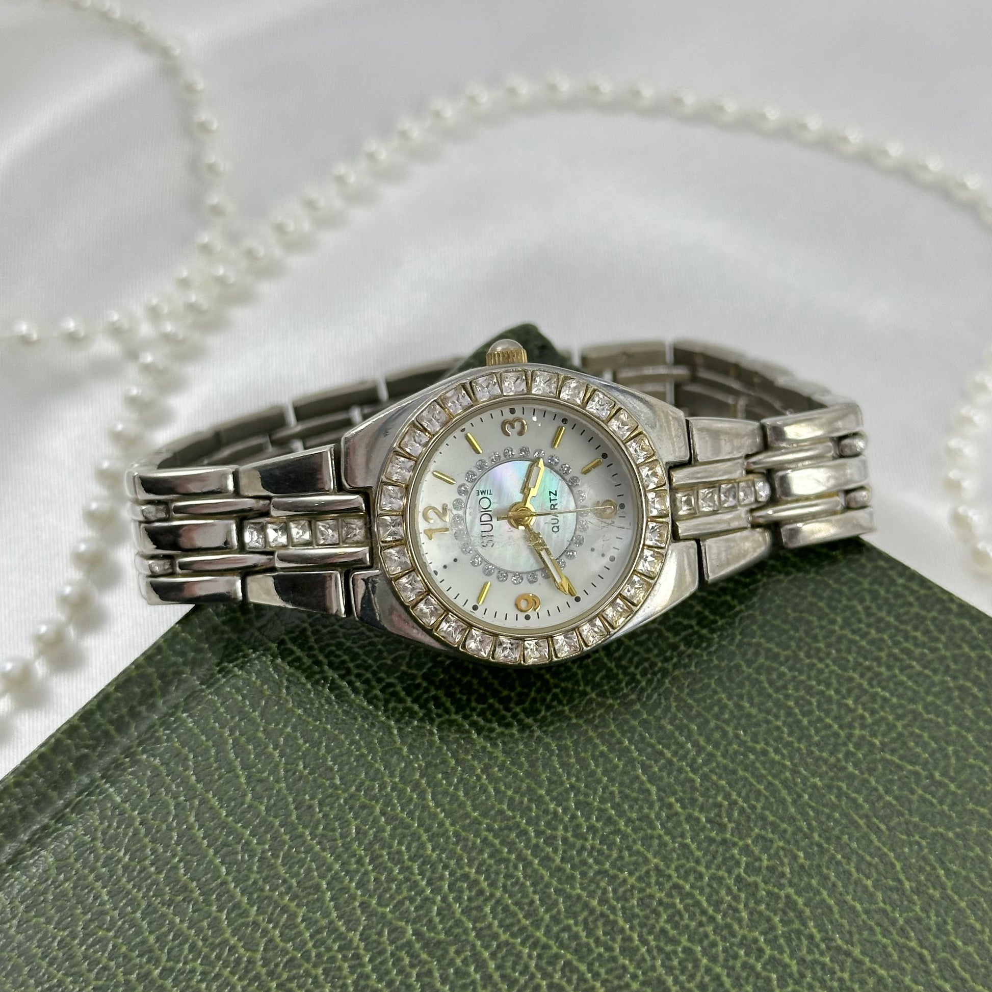 Two-Tone Diamanté Watch with Round Mother of Pearl Dial