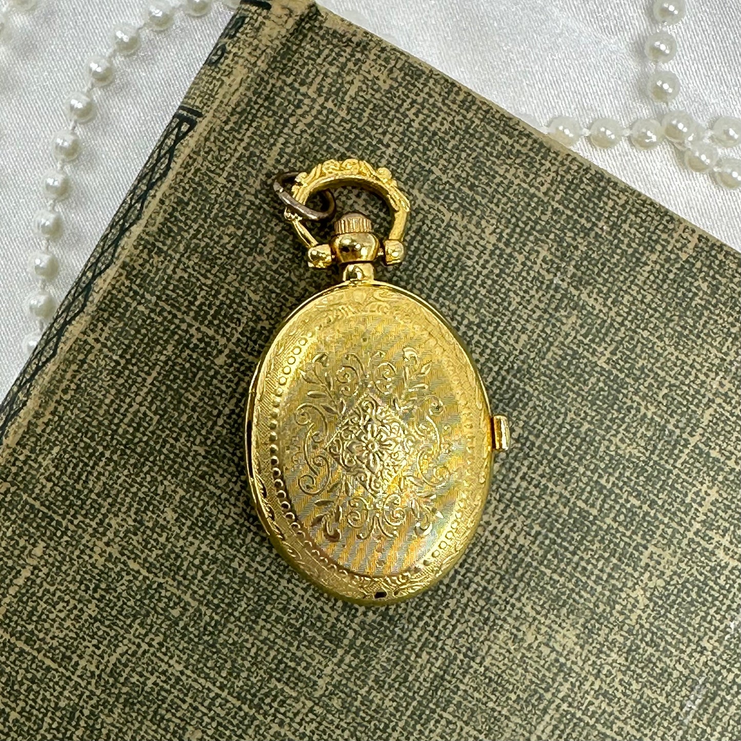 Gold Floral Locket Watch with Butterfly and Flower Picture