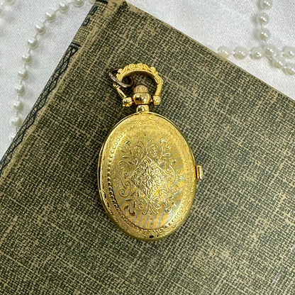 Gold Floral Locket Watch with Butterfly and Flower Picture