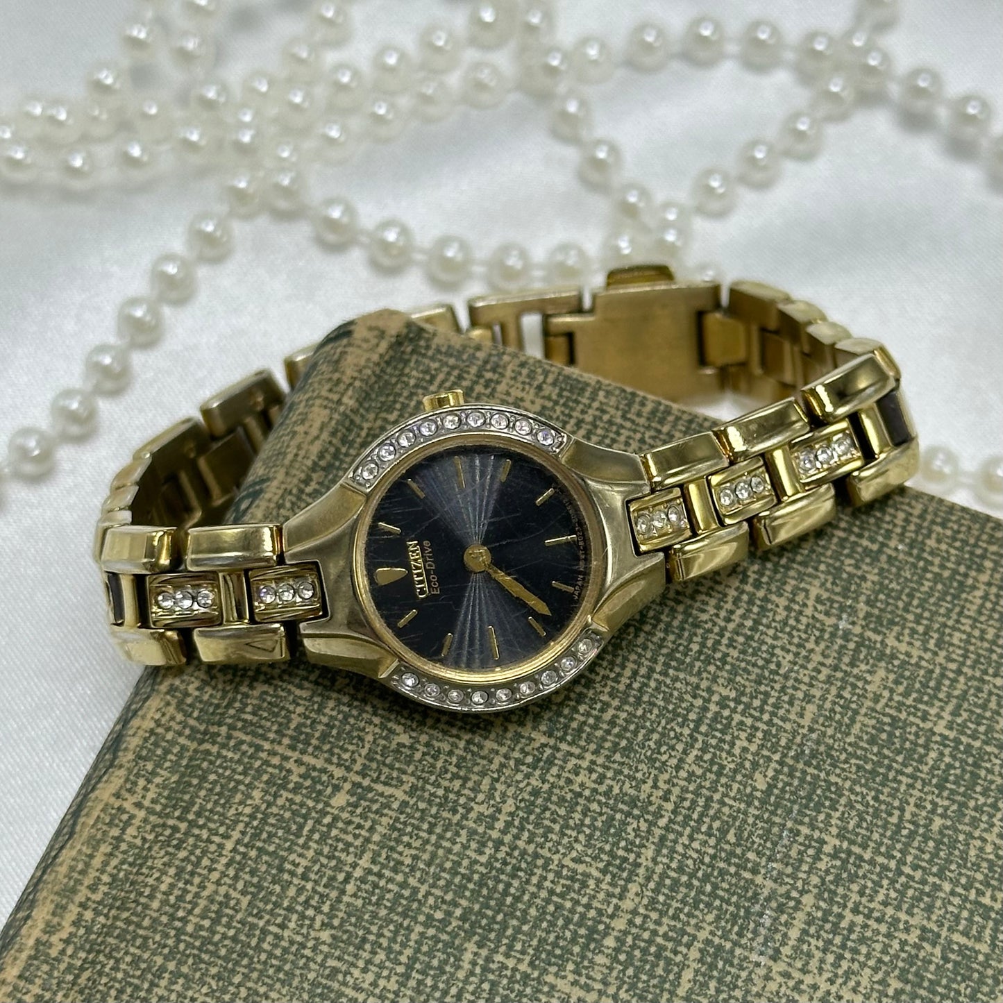 Gold Vintage Diamanté Citizen Black Dial Watch
